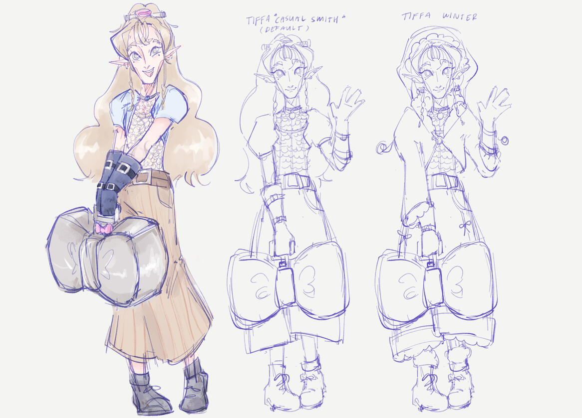 THEOPHANIE "TIFFA" AUERSPERG-NAUGHTHORNE Final concept for my DND character. She was an exiled noble who was adopted by her dwarf forgemaster. Her clothes are inspired by smiths in a way that doesn't take away her femininity. PREVIOUS DESIGN: