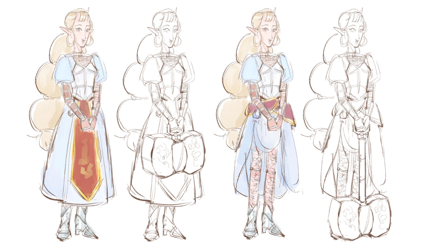 Her previous design was before her final lore of being exiled. Here, she is dressed more like a battle maiden rather than her current occupation, a smith. Her current design fits her better and is inspired by the creative lore my DM came up with for her.