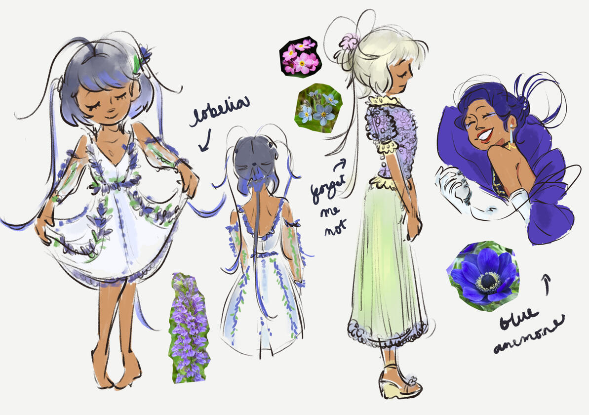 FLORAL FASHION I designed a couple dresses inspired by various types of blue flowers, as this character is often associated with them. Some of the dresses are a nod to other characters she has interacted with in her story. DESIGN BREAKDOWN: