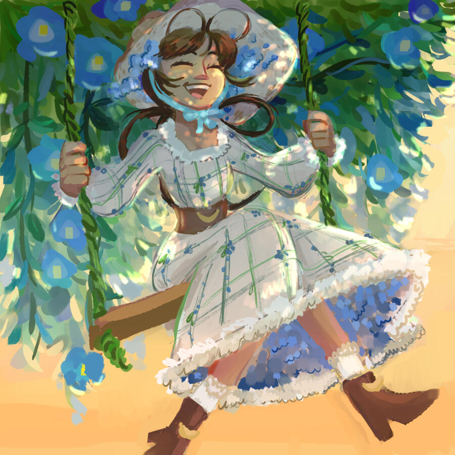 GARDEN SWING For this one, I wanted to make a dreamy portrait of my character taking a swing in a flower garden. The hazy, painterly style of this sketch was intentional for a dreamy feeling.