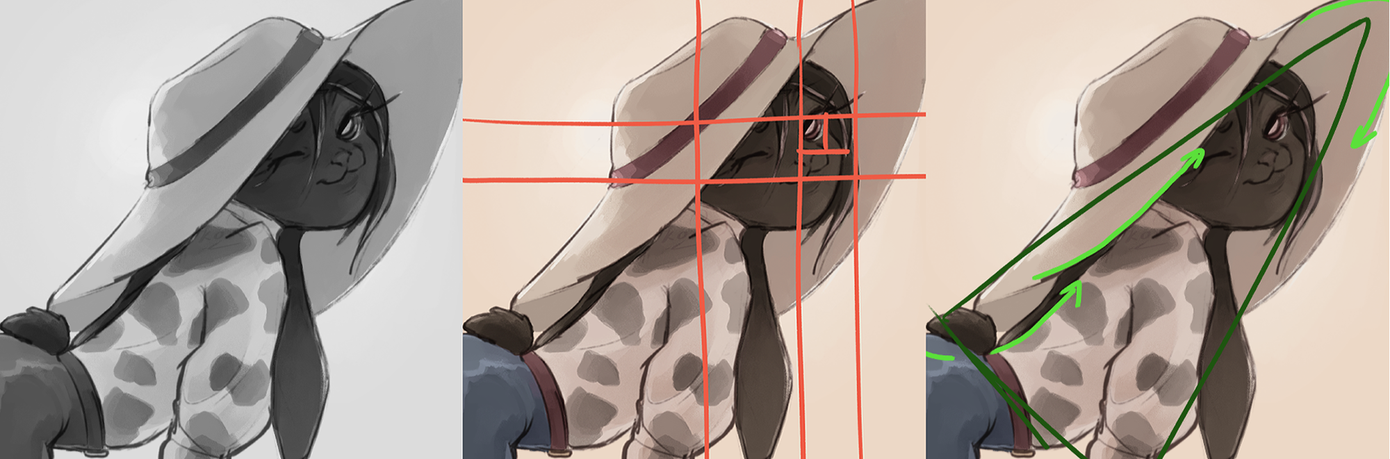 I made sure that there's a huge gap of value between the character and the rest of the elements. I used the eye as the rough center of the golden ratio. An irregular polygon helps with element hierarchy and leading lines help frame the subject better.