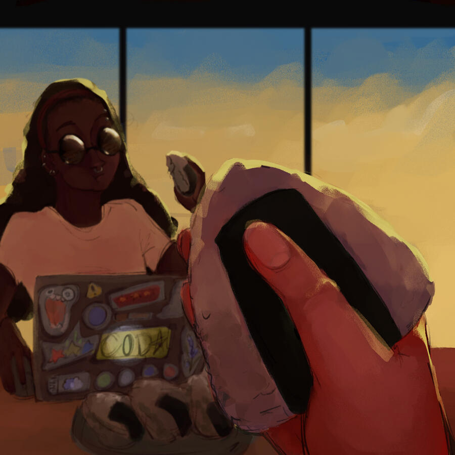 DEADLINE I wanted to draw a scene where it seems to be taken like a photograph from the point-of-view of my character to challenge myself. I think this kind of concept depicts my characters having a life of their own.